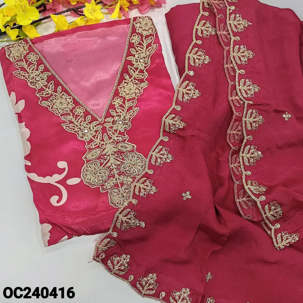 CODE OC240416: Dark & bright pink printed russian silk unstitched salwar material v neck with rich zari& sequins