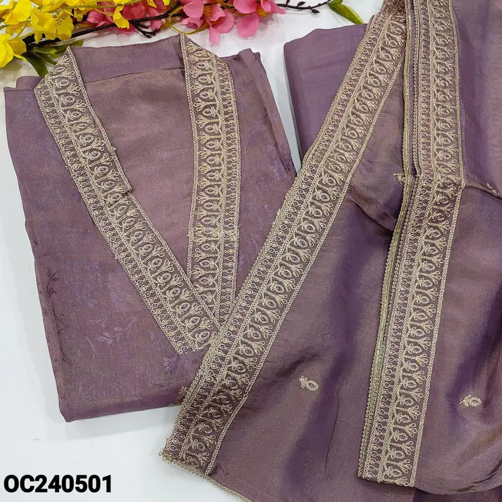 CODE OC240501: Purple with golden tint designer jakard tissue organza unstitched salwar material collared v neck