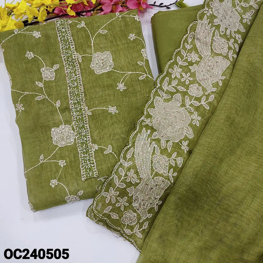 CODE OC240505: Mossy green with golden tint printed tissue linen unstitched salwar material rich hand work on yoke&