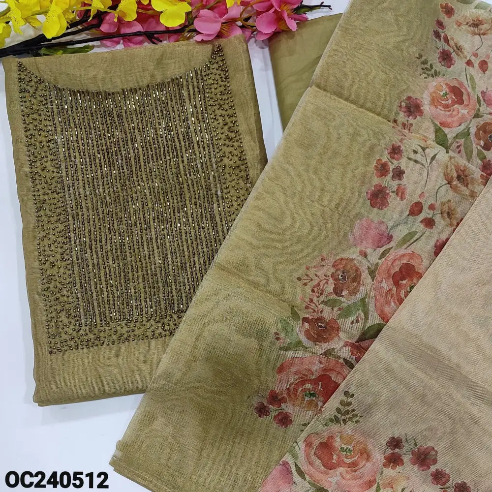 CODE OC240512: Light olive green with golden tint tissue silk cotton unstitched salwar material heavy bead work