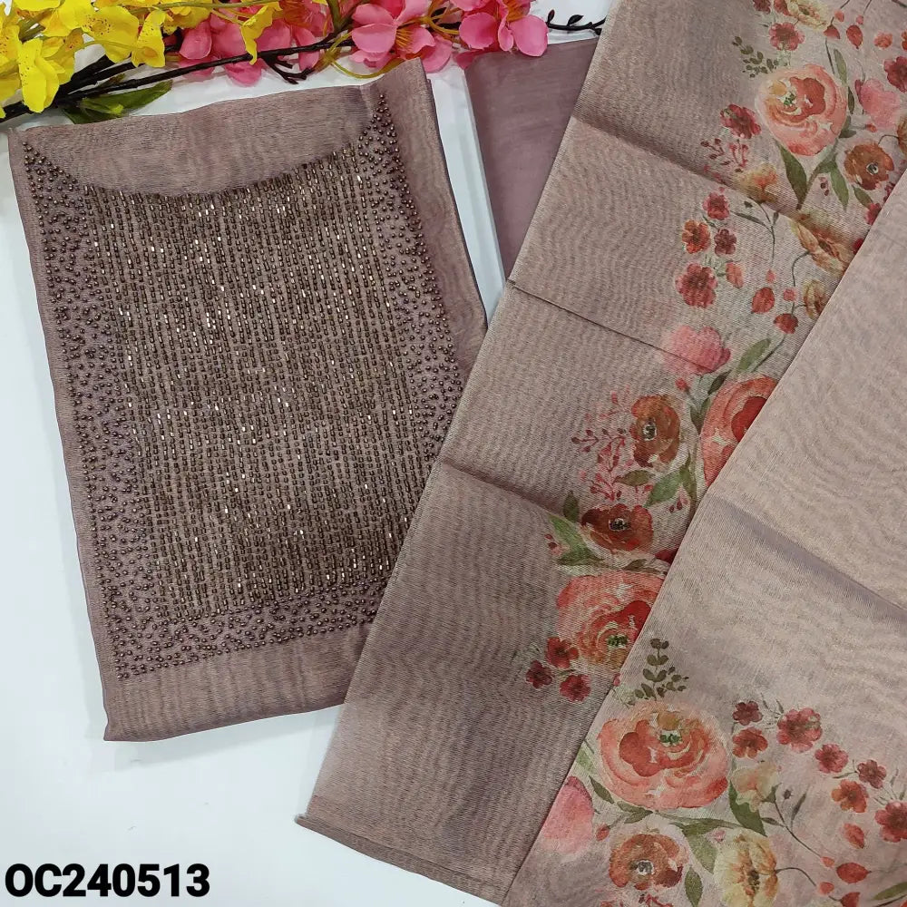 CODE OC240513: Light purple with golden tint tissue silk cotton unstitched salwar material heavy bead work on yoke(thin