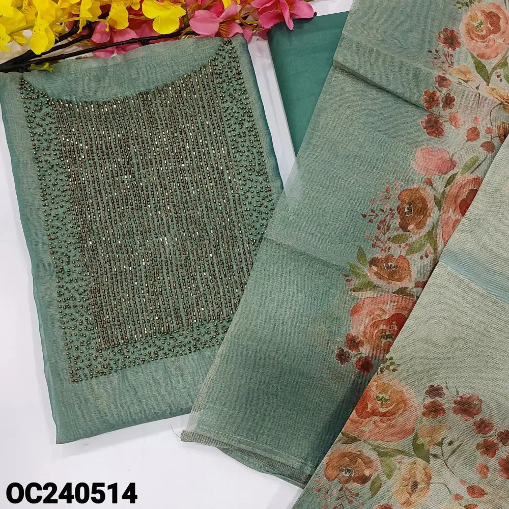 CODE OC240514: Blue with golden tint tissue silk cotton unstitched salwar material heavy bead work on yoke(thin fabric