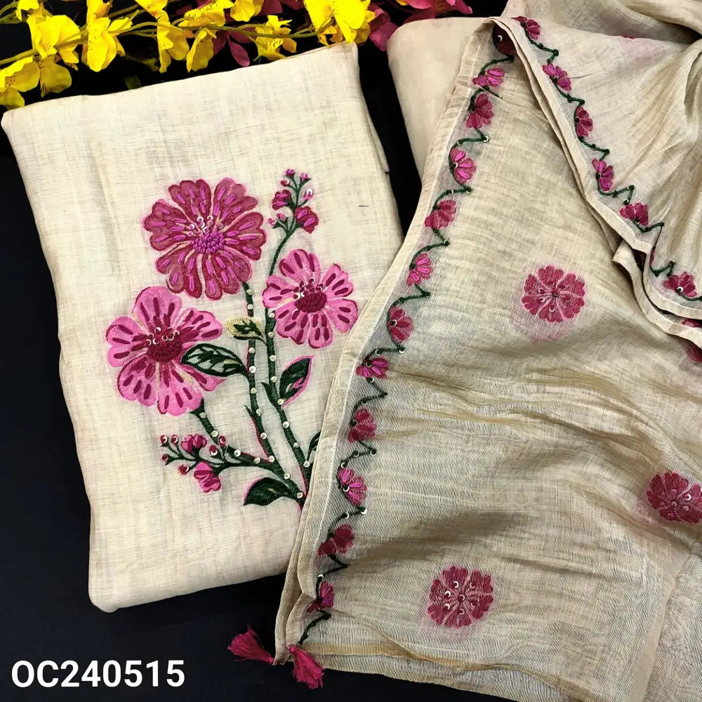 CODE OC240515: Beige jamdani woven premium soft silk cotton unstitched salwar material hand work on yoke& front(lining