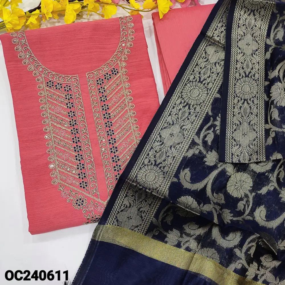 CODE OC240611: Bright pink slub silk cotton unstitched salwar material rich zari& sequins work on yoke(thin fabric