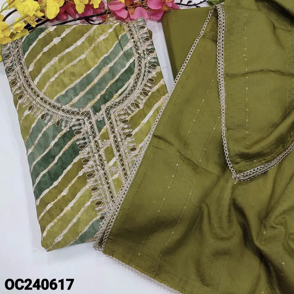 CODE OC240617: Light &dark green lehariya printed modal maslin unstitched salwar material rich zari sequins& thread