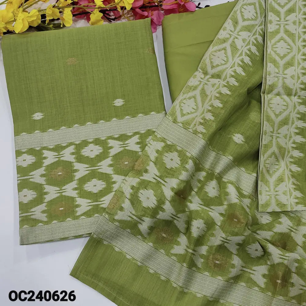 CODE OC240626: Pastel green jamdani woven premium soft silk cotton unstitched salwar material(thin fabric lining