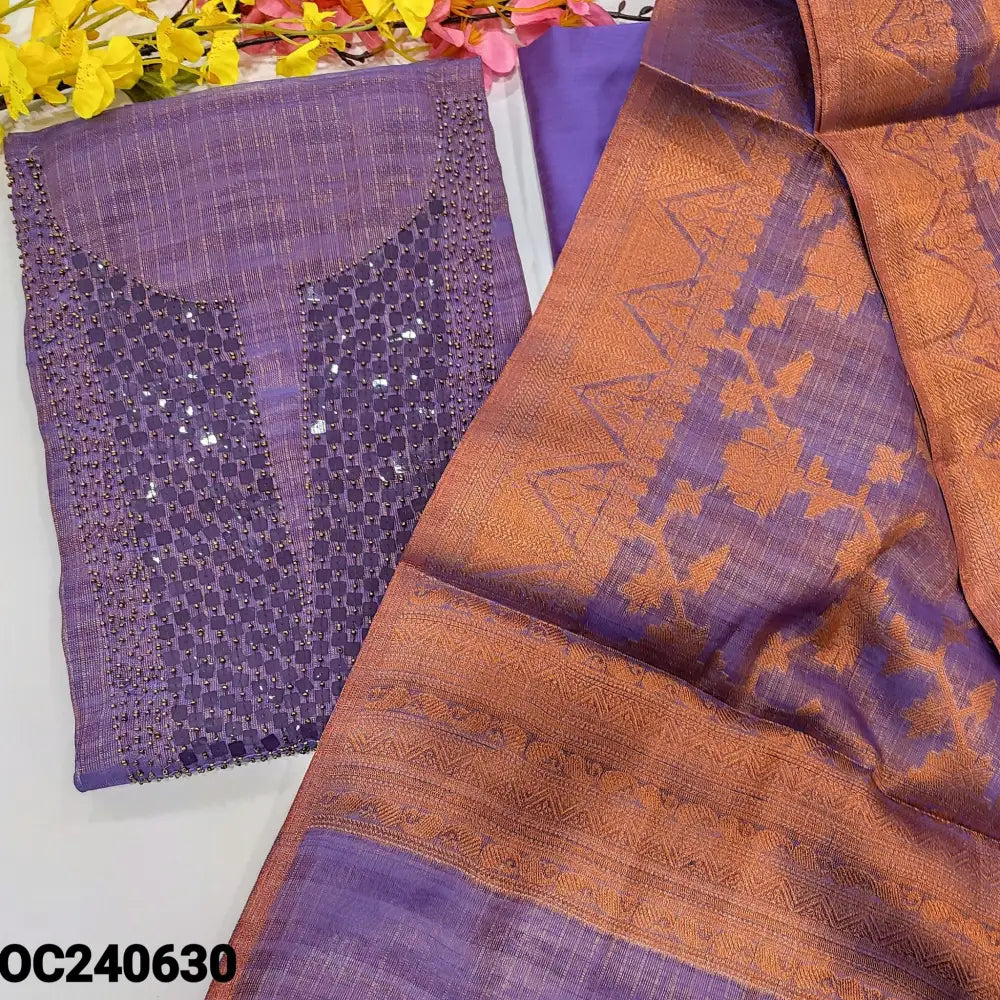 CODE OC240630: Purple with golden tint tissue silk cotton unstitched salwar material bead& sequins work on yoke(thin