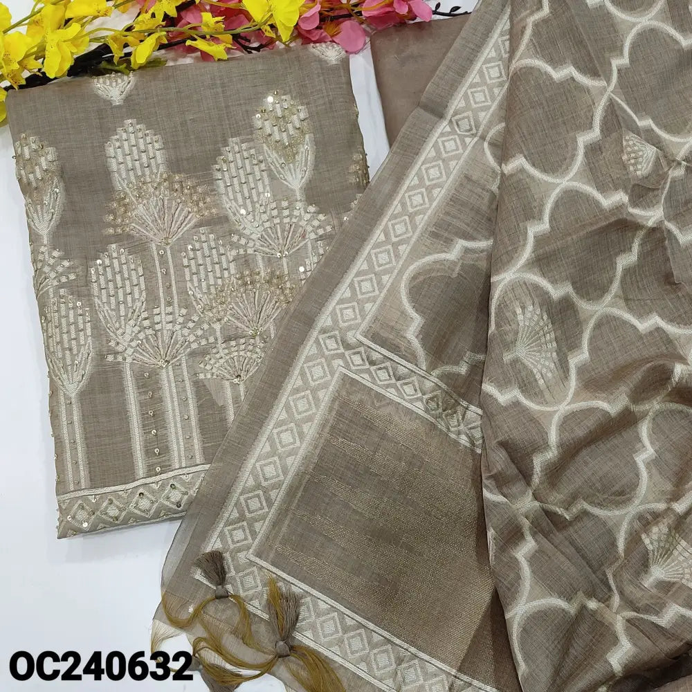 CODE OC240632: Greyish beige jamdani woven premium silk cotton unstitched salwar material rich zari &bead work