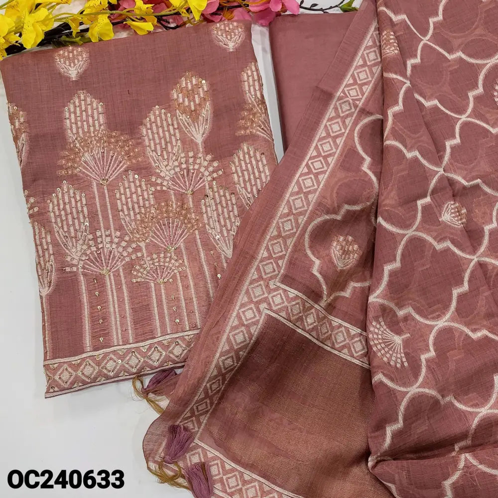 CODE OC240633: Pink jamdani woven premium silk cotton unstitched salwar material rich zari &bead work on front(thin