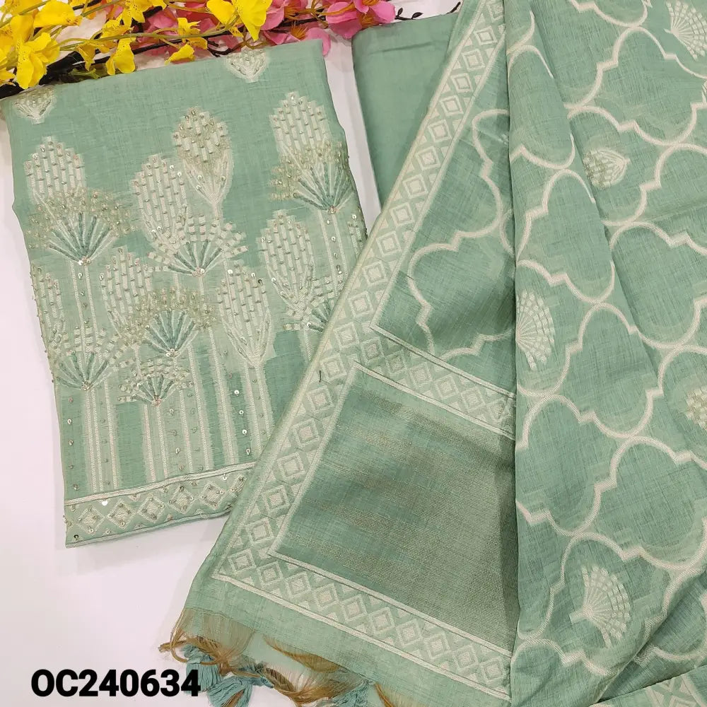 CODE OC240634: Pastel blue jamdani woven premium silk cotton unstitched salwar material rich zari &bead work