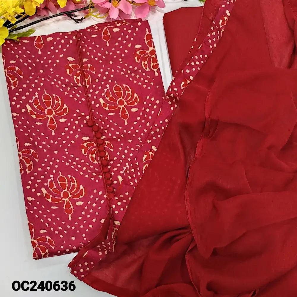 CODE OC240636: Dark pink printed satin cotton unstitched salwar material potli buttons on yoke(lining optional)reddish
