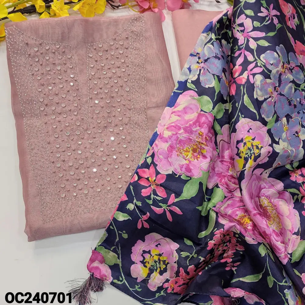 CODE OC240701: Pastel pink with silver tint tissue silk cotton unstitched salwar material bead& faux mirror work