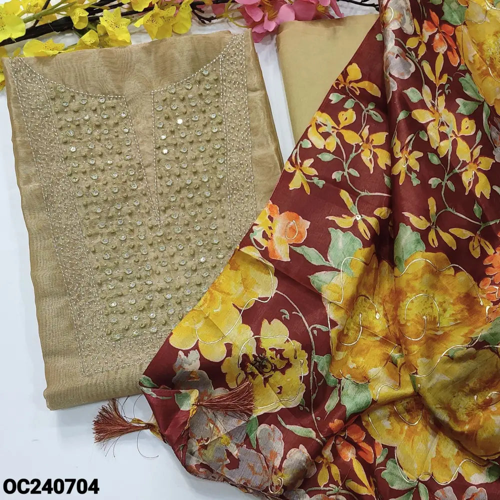 CODE OC240704: Golden beige with silver tint tissue silk cotton unstitched salwar material bead& faux mirror work