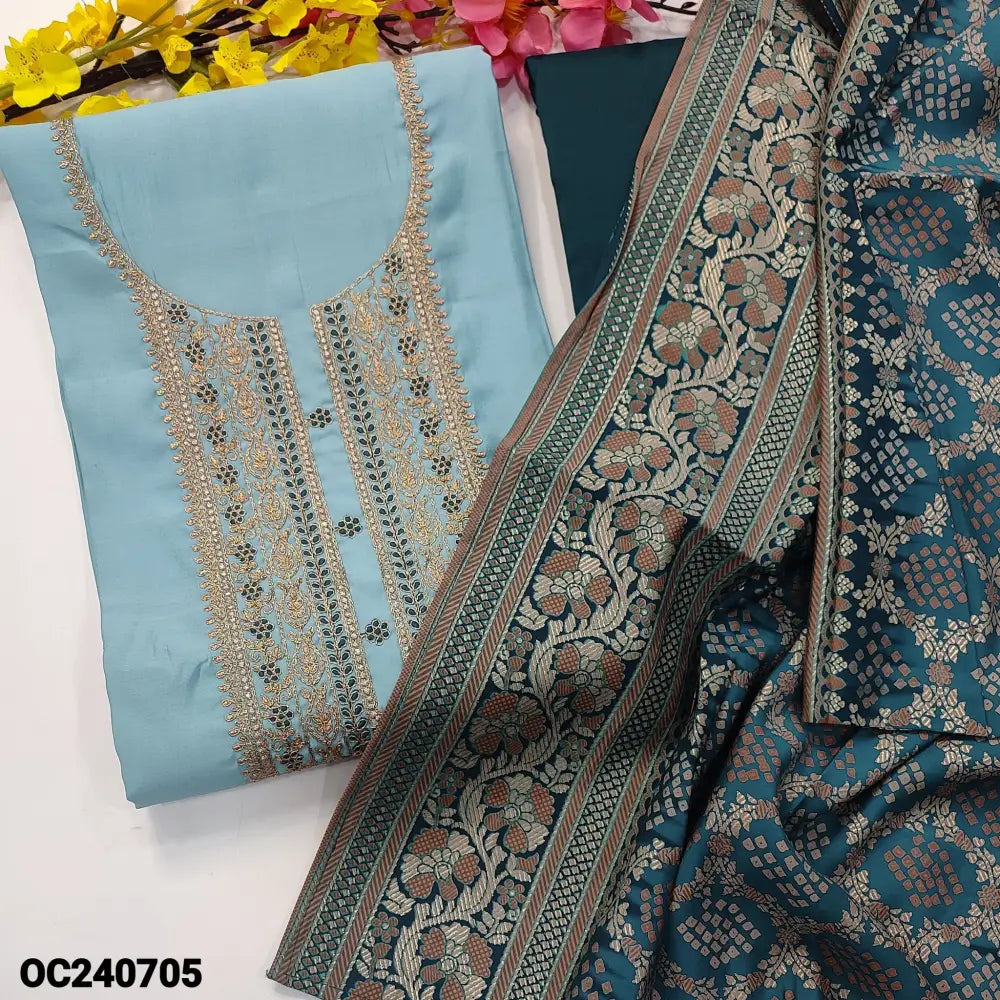CODE OC240705: Pastel blue premium soft silk cotton unstitched salwar material zari &thread work on yoke(lining