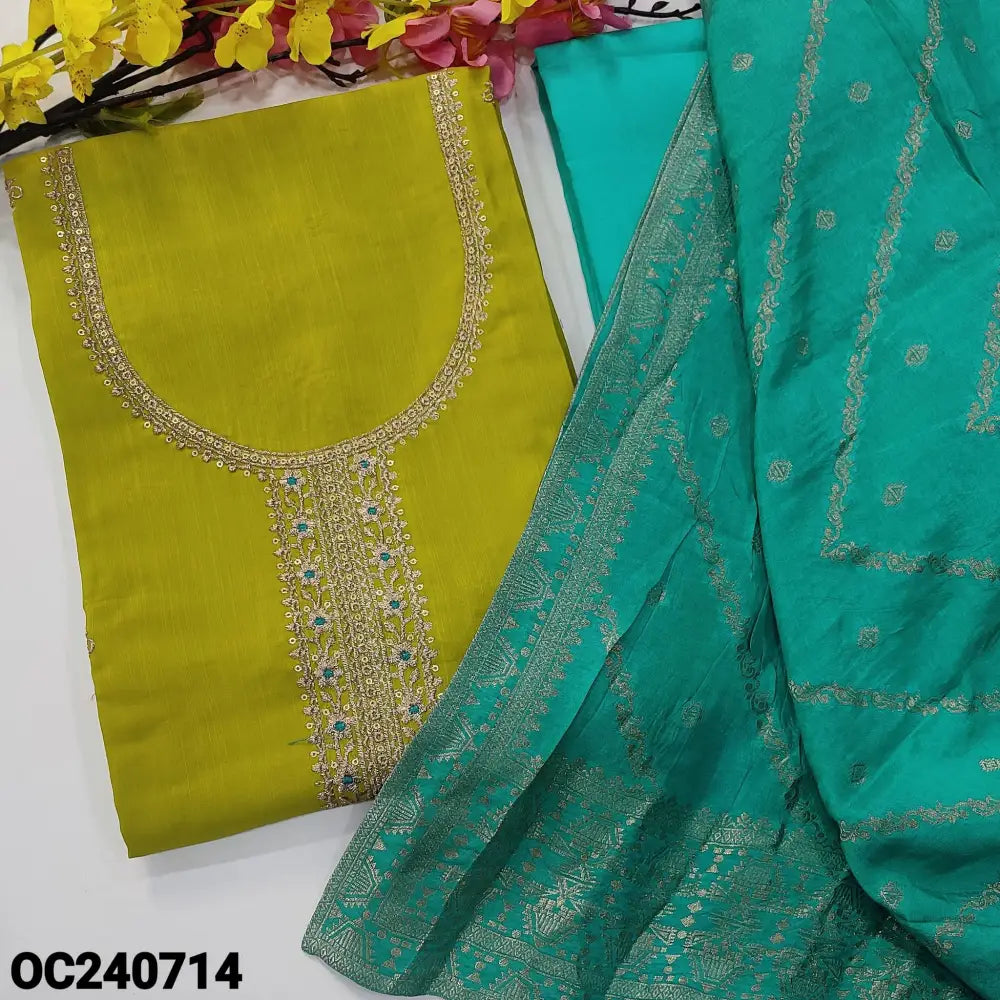 CODE OC240714: Bright mehandhi yellow designer premium slub silk unstitched salwar material zari& sequins work on yoke&