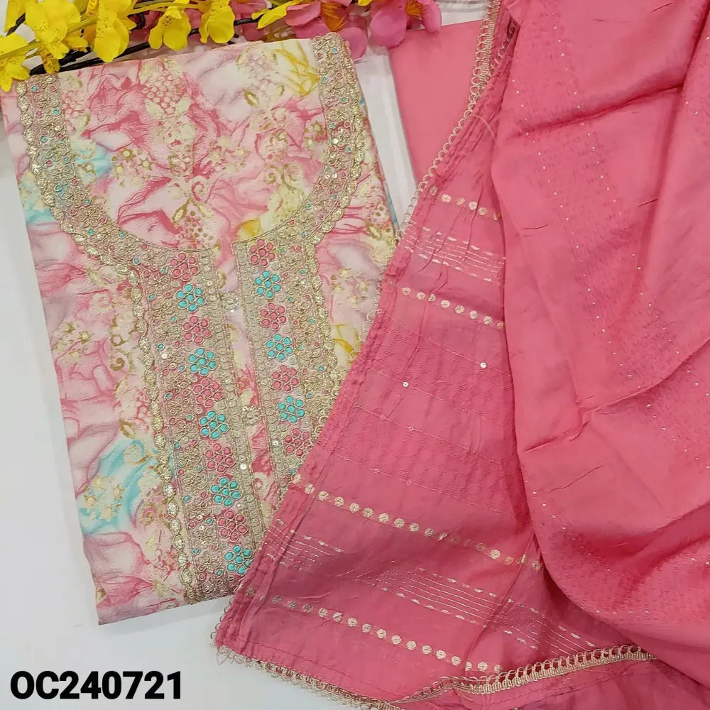CODE OC240721: Multi color digital printed silk cotton unstitched salwar material zari thread sequins work