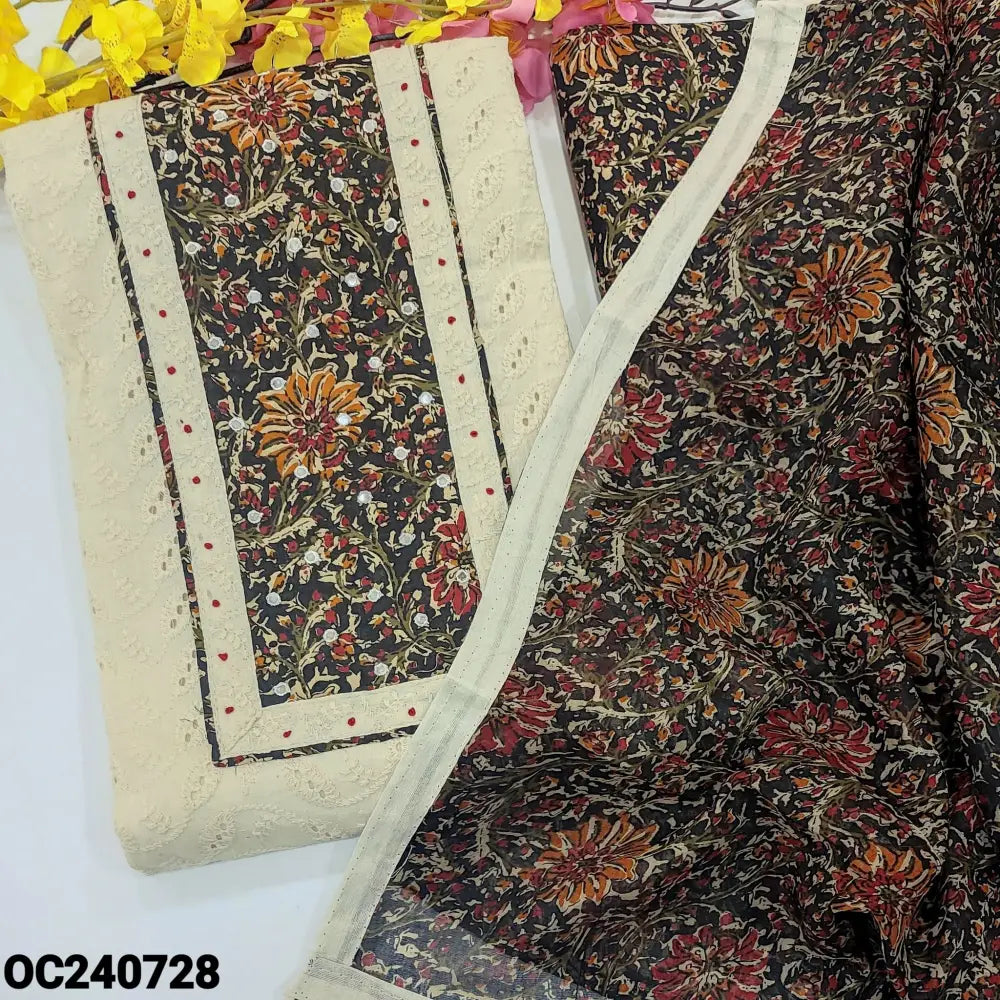 CODE OC240728: Light beige schiffli embroidered cotton unstitched salwar material kalamkari printed yoke with faux