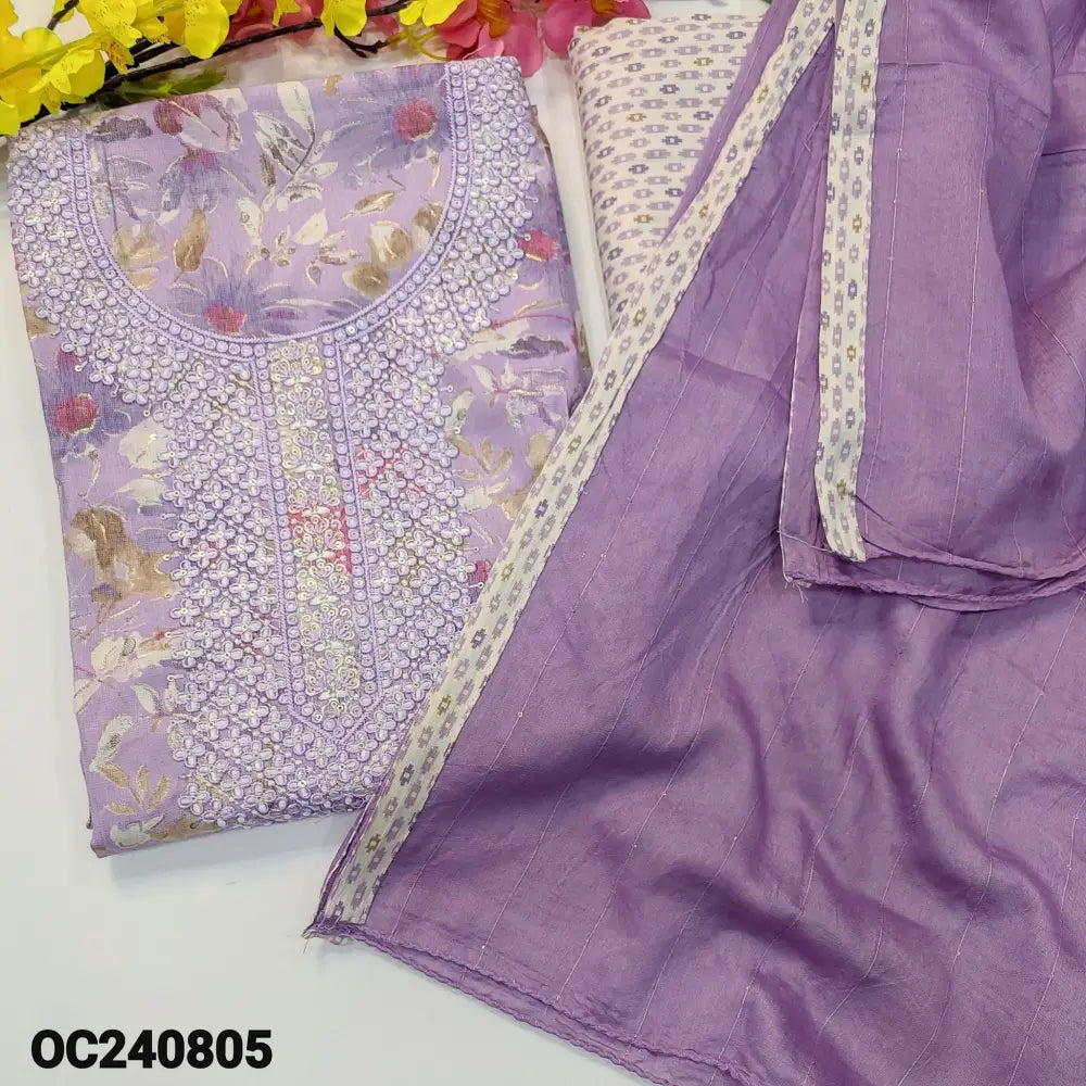 CODE OC240805: Light purple floral printed liquid fabric unstitched salwar material heavy thread& sequins work