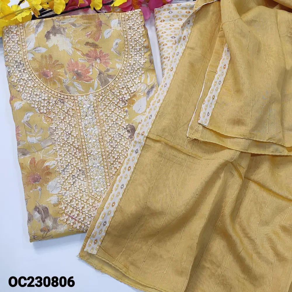 CODE OC240806: Light yellow floral printed liquid fabric unstitched salwar material heavy thread& sequins work