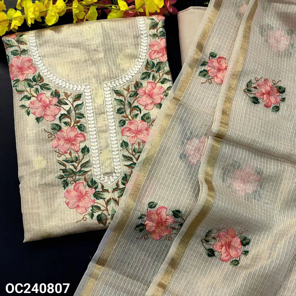 CODE OC240807: Golden beige tissue kota unstitched salwar material rich embroidered on yoke zari buttas all over(thin