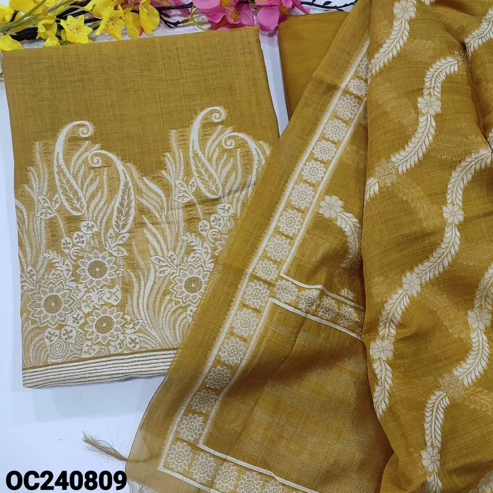 CODE OC240809: Fenugreek yellow jamdani woven premium silk cotton unstitched salwar material(thin fabric lining