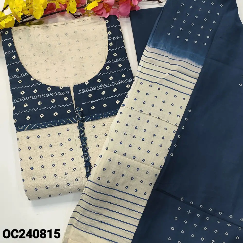 CODE OC240815: Beige base bandhini printed jute flex cotton unstitched salwar material embroidered& potli buttons