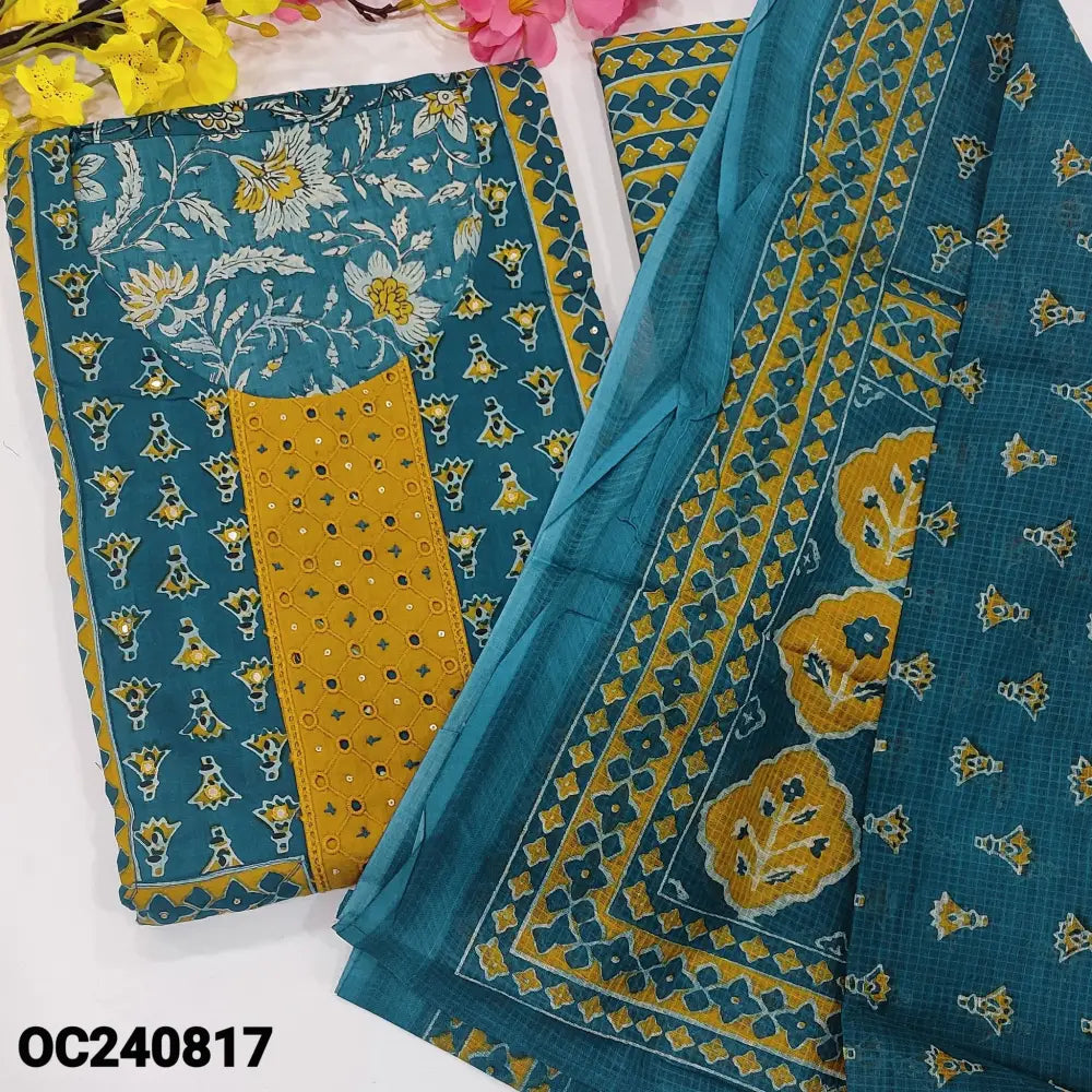CODE OC240817: Teal blue printed premium cotton unstitched salwar material cut work& faux mirror work on yoke(lining