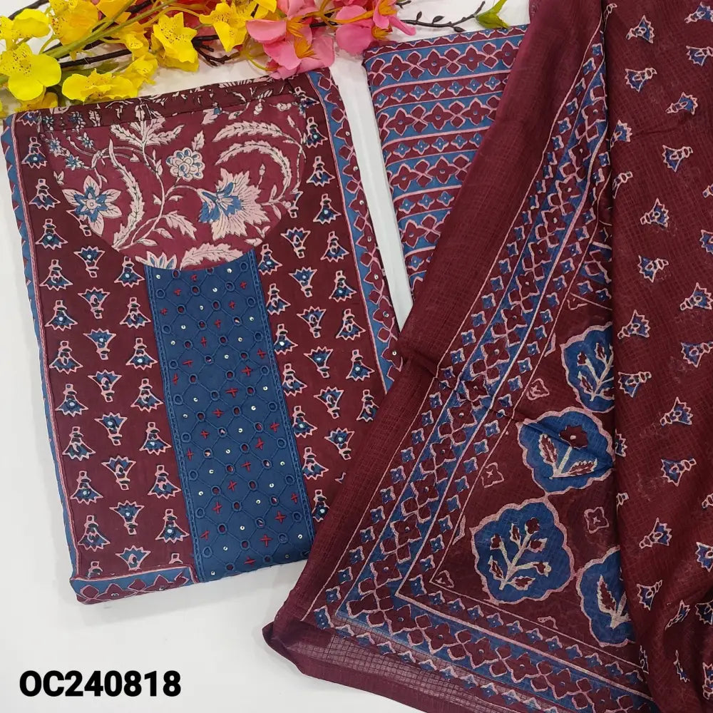 CODE OC240818: Dark maroon printed premium cotton unstitched salwar material cut work& faux mirror work on yoke(lining
