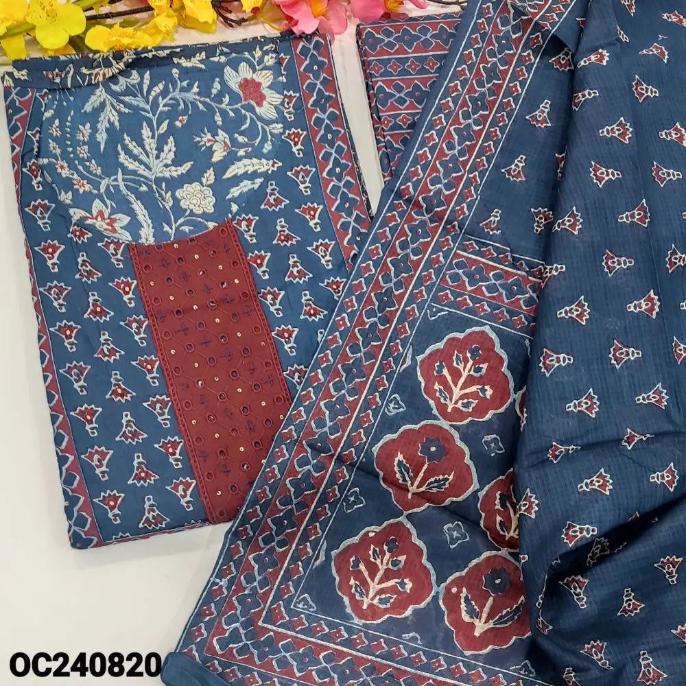 CODE OC240820: Dark blue printed premium cotton unstitched salwar material cut work& faux mirror work on yoke(lining