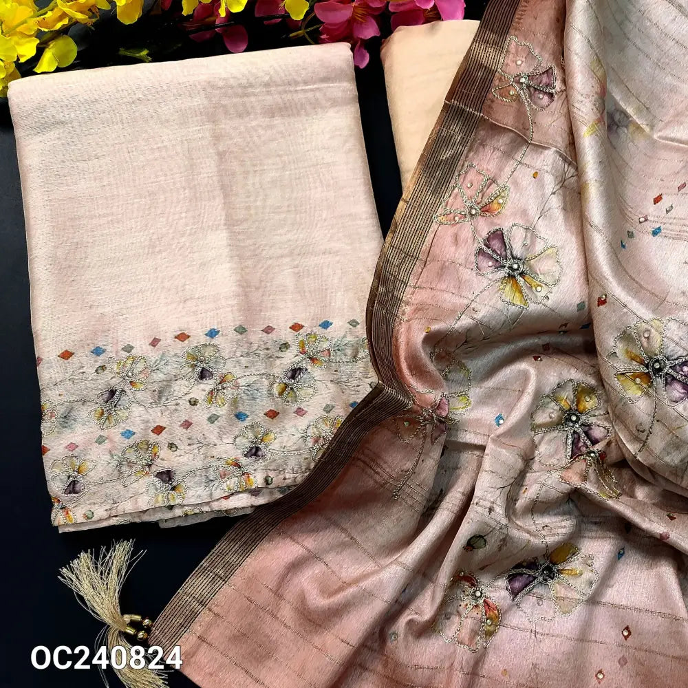 CODE OC240824: Pale peach designer digital printed silk cotton unstitched salwar material hand embroidered on yoke(thin