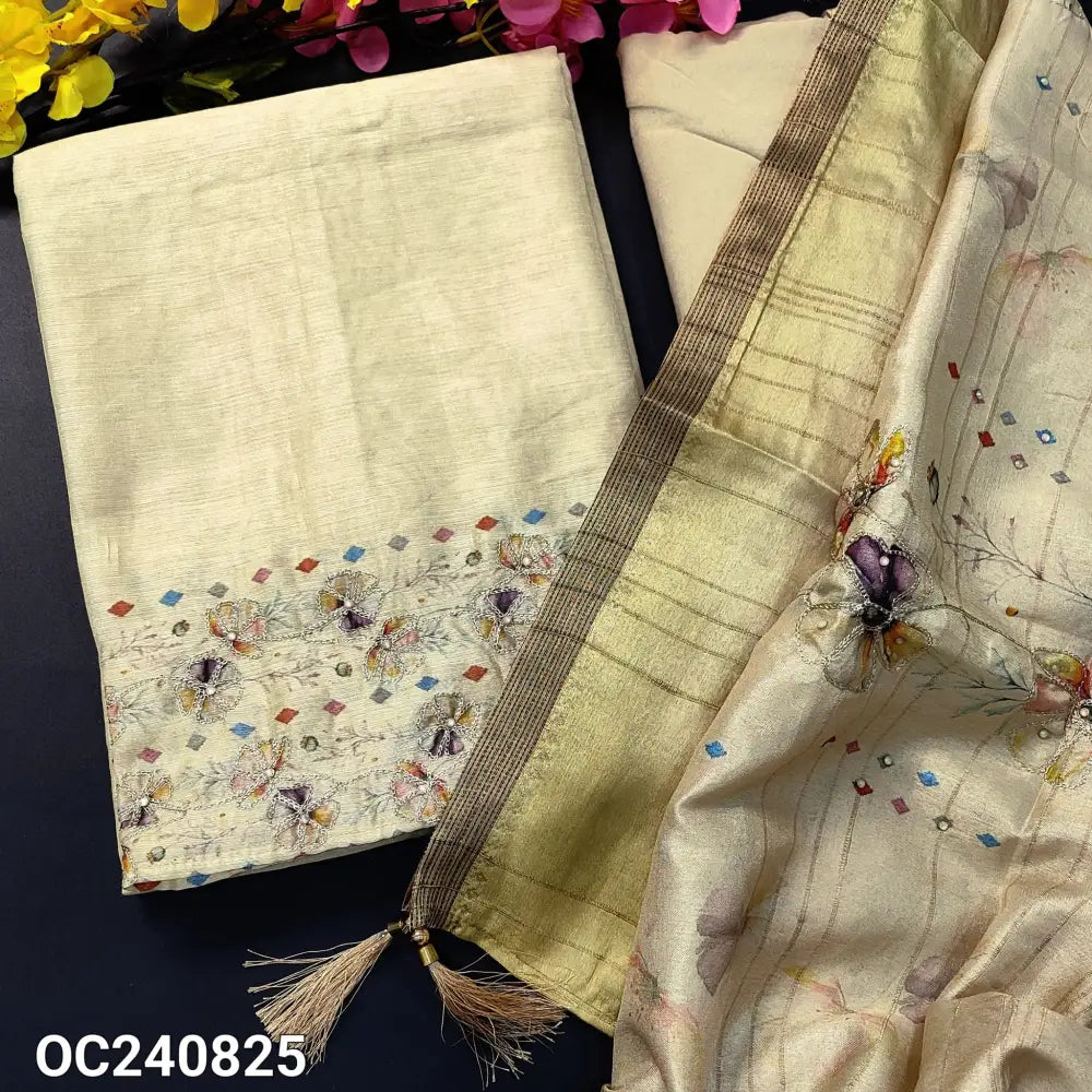 CODE OC240825: Pastel yellow designer digital printed silk cotton unstitched salwar material hand embroidered