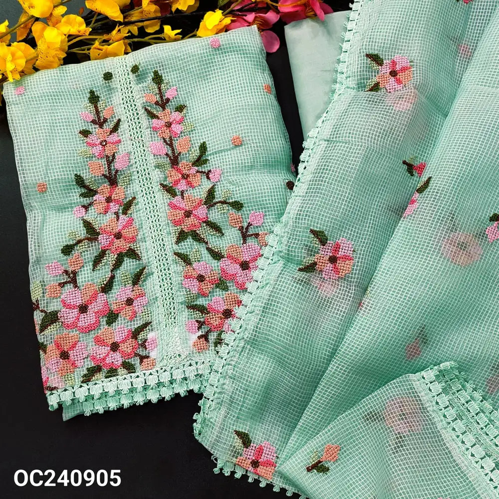 CODE OC240905: Pastel blue fancy super net unstitched salwar material cross stitch embroidered &crochet lace work