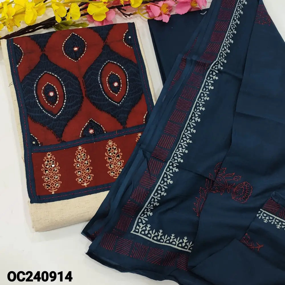 CODE OC240914: Light beige jute flex unstitched salwar material dark blue ajrak block printed yoke(lining optional)dark