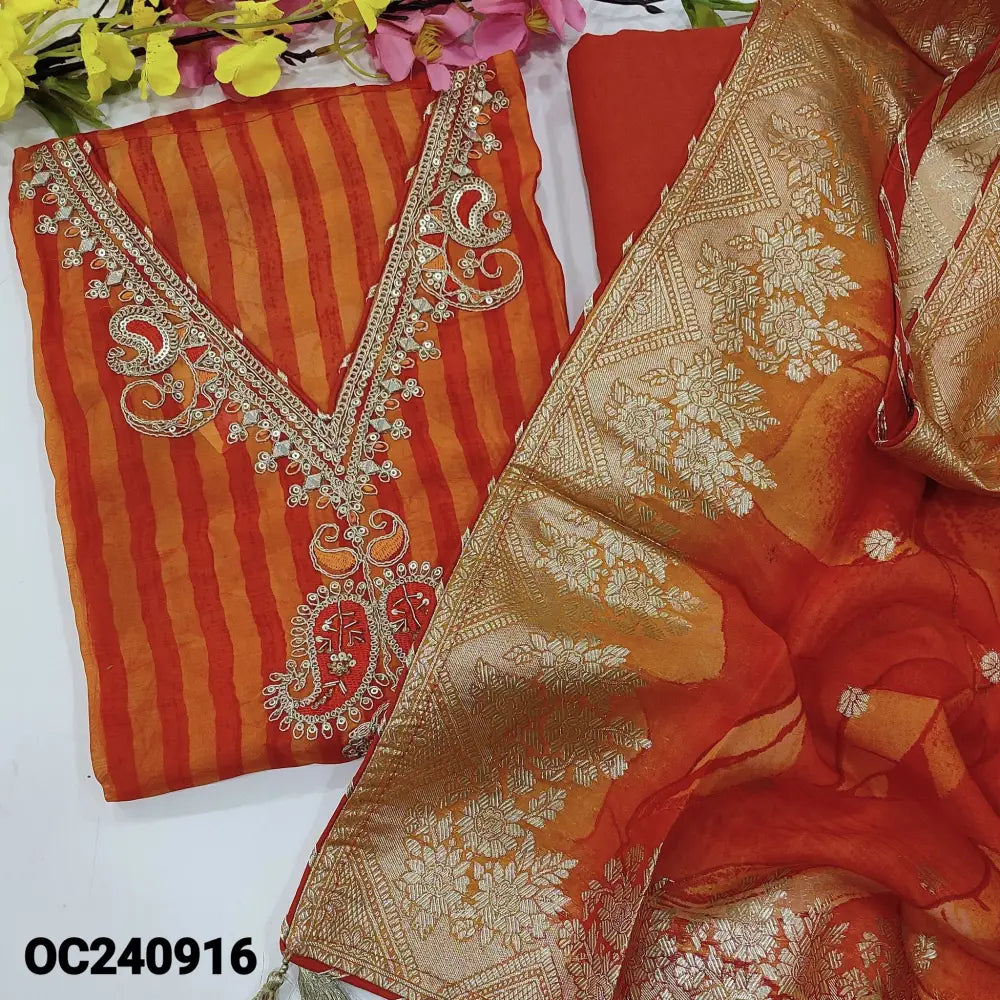 CODE OC240916: Light &dark orange pure organza unstitched salwar material v neck with rich work(thin fabric lining