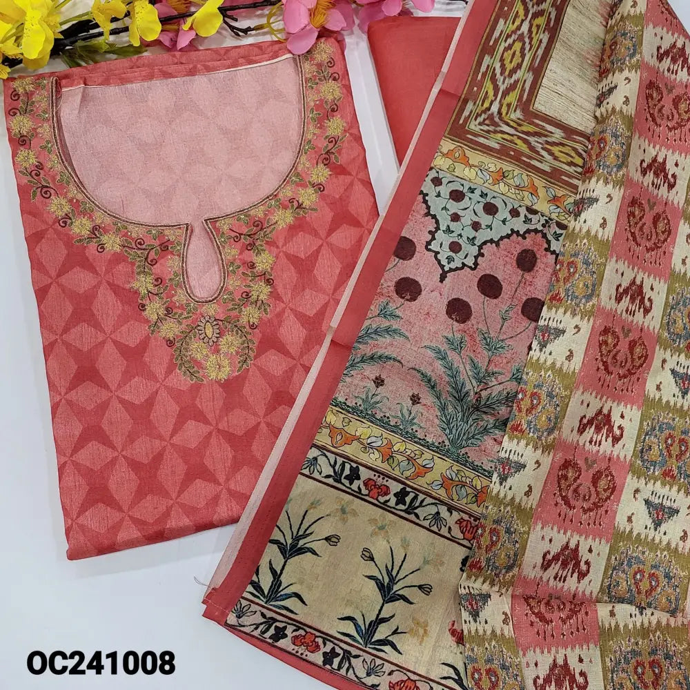 CODE OC241008: Pink printed semi tussar unstitched salwar material thread& zari work on yoke(thin fabric lining