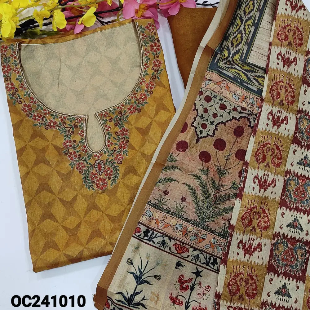 CODE OC241010: Mehandhi yellow printed semi tussar unstitched salwar material thread& zari work on yoke(thin fabric