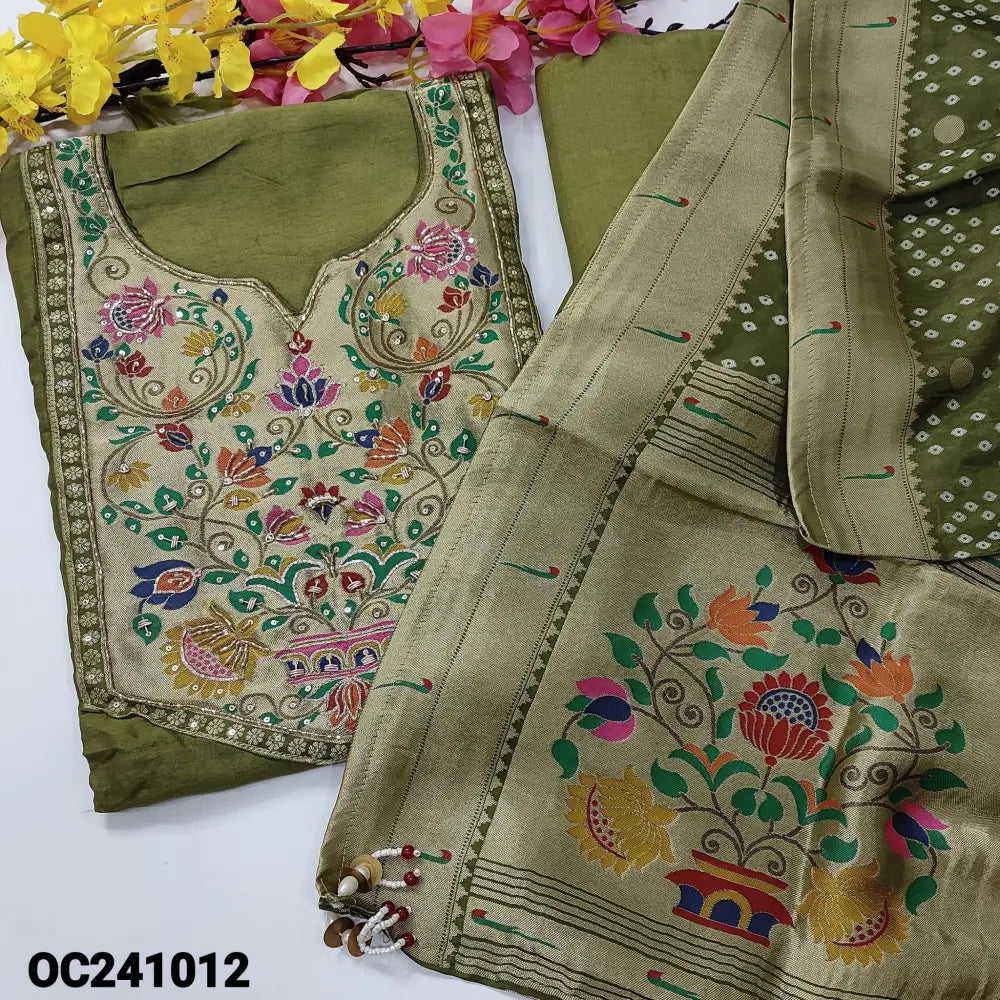 CODE OC241012: Mossy green pure dola silk unstitched salwar material rich rich paithani work on yoke(lining