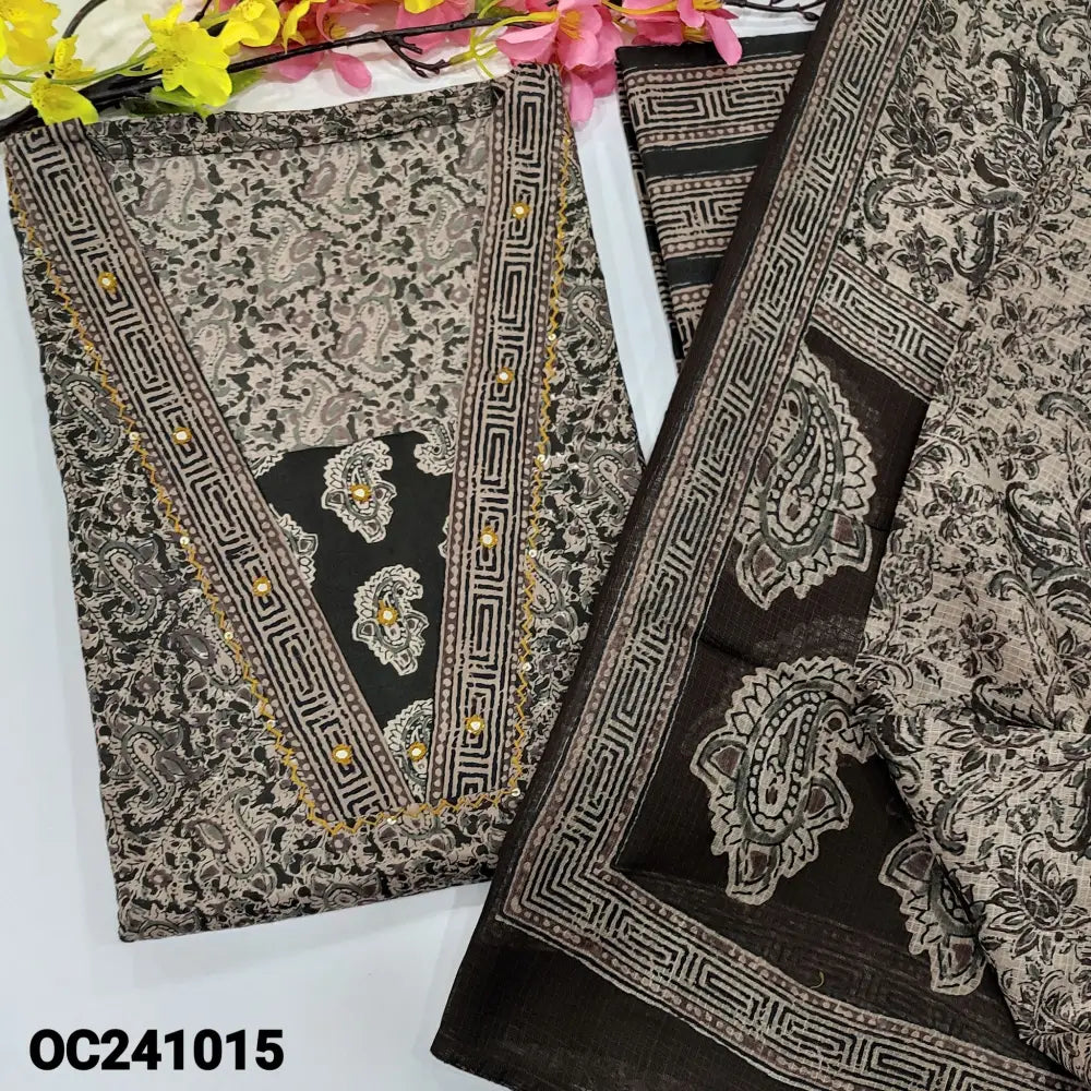 CODE OC241015: Black& grey kalamkari printed pure soft cotton unstitched salwar material v neck with thread& faux
