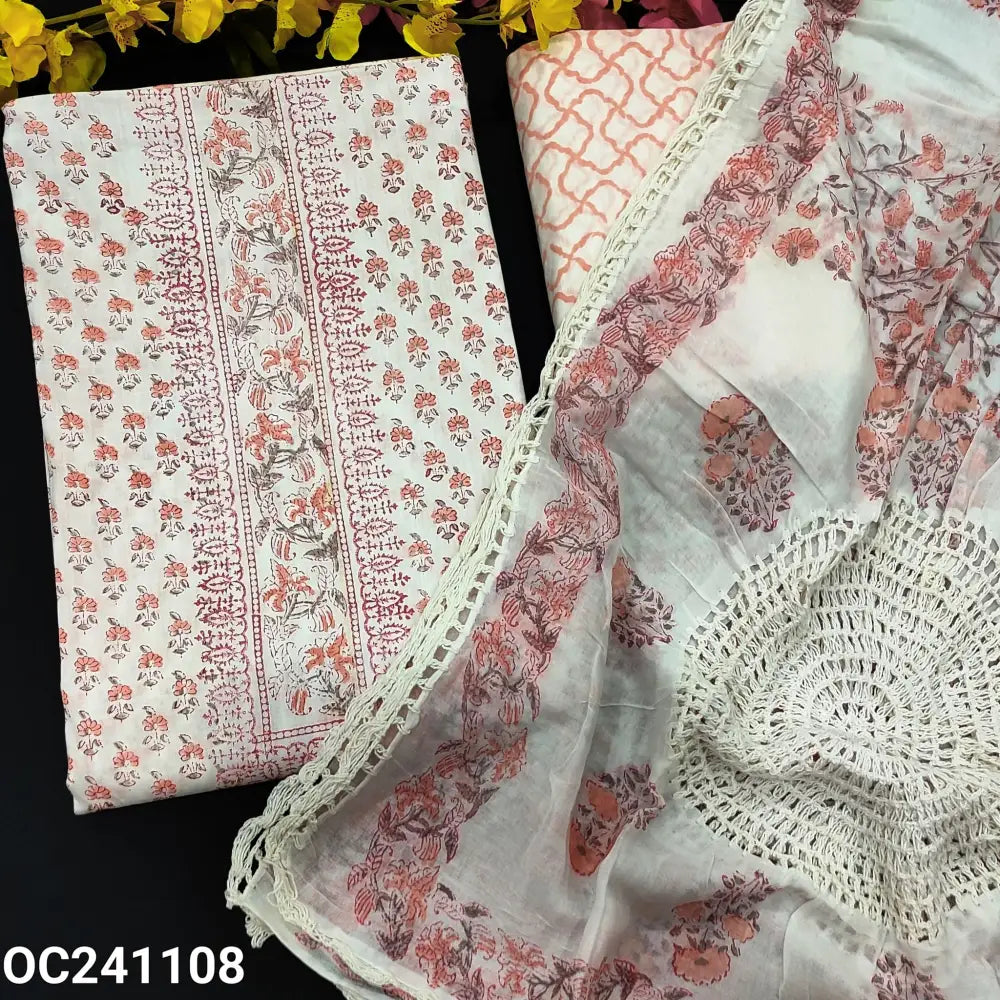 CODE OC241108: Half white base PINK block printed pure soft cotton unstitched salwar material(thin fabric lining