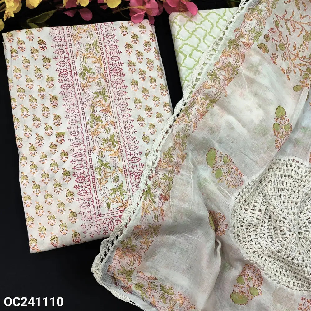 CODE OC241110: Half white base GREEN block printed pure soft cotton unstitched salwar material(thin fabric lining