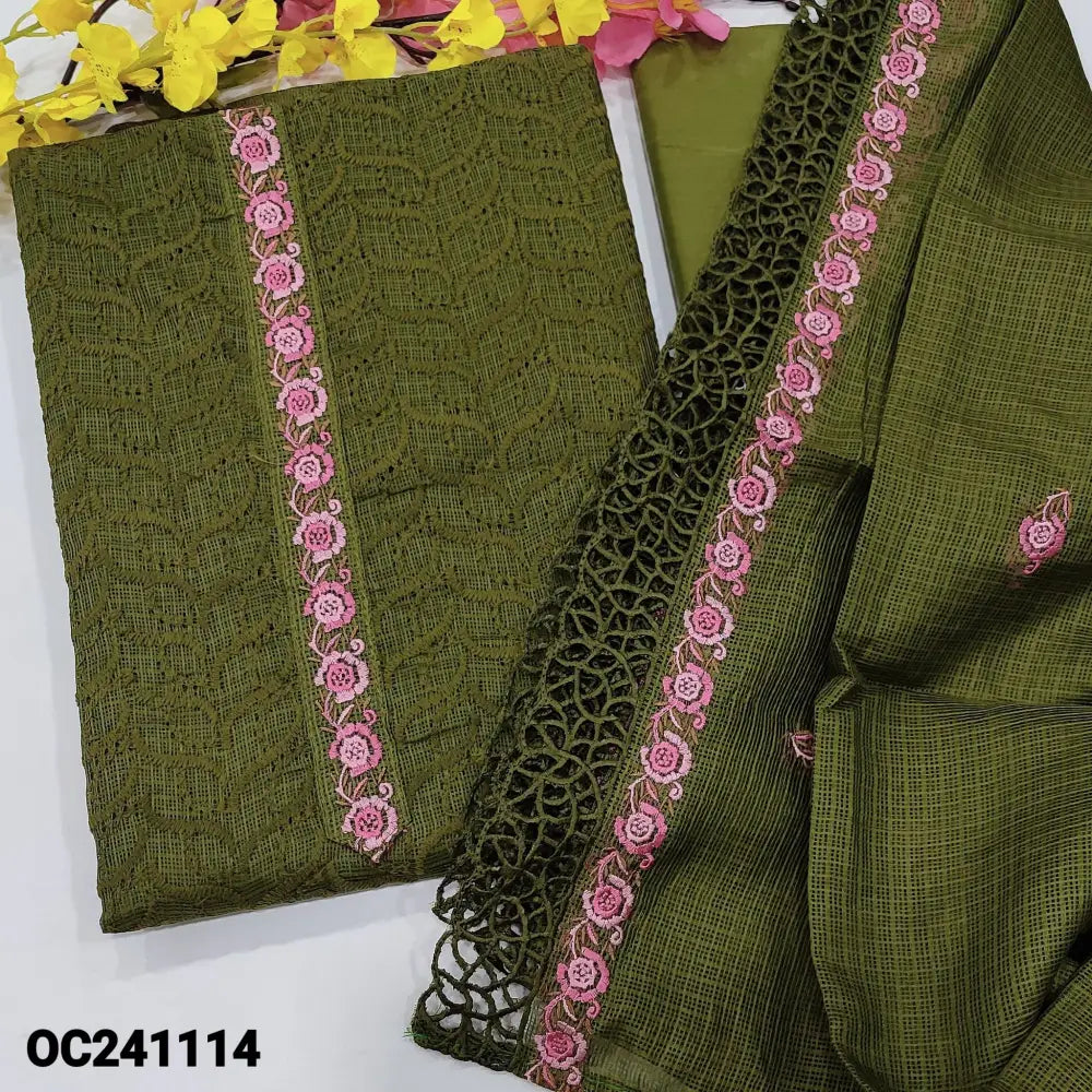 CODE OC241114: Dark mossy green heavy embroidered fancy kota unstitched salwar material embroidered on yoke(netted