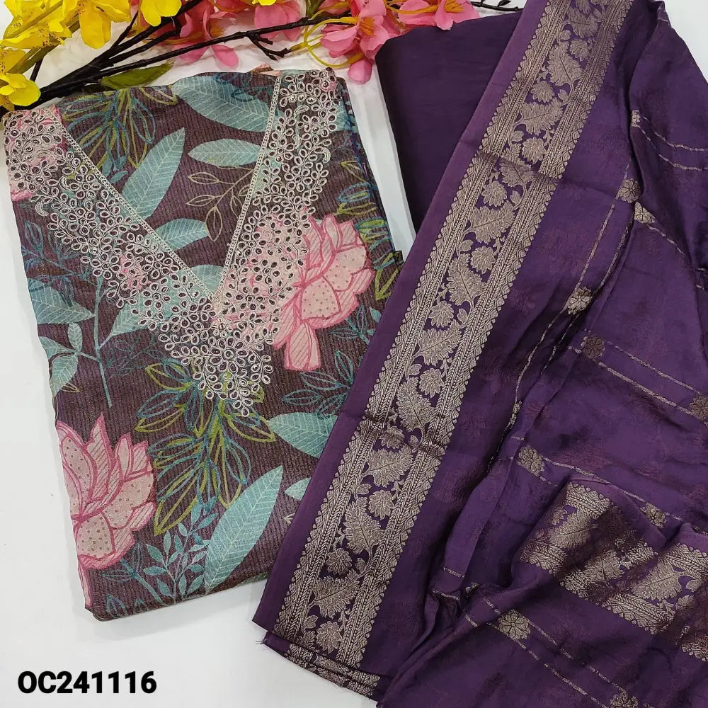 CODE OC241116: Dark purple with golden tint tissue silk cotton unstitched salwar material v neck with zari& thread
