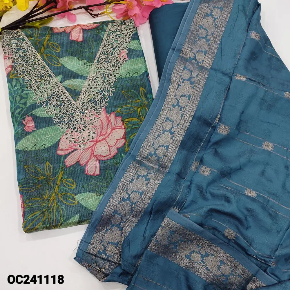 CODE OC241118: Dark teal blue with golden tint tissue silk cotton unstitched salwar material v neck with zari& thread
