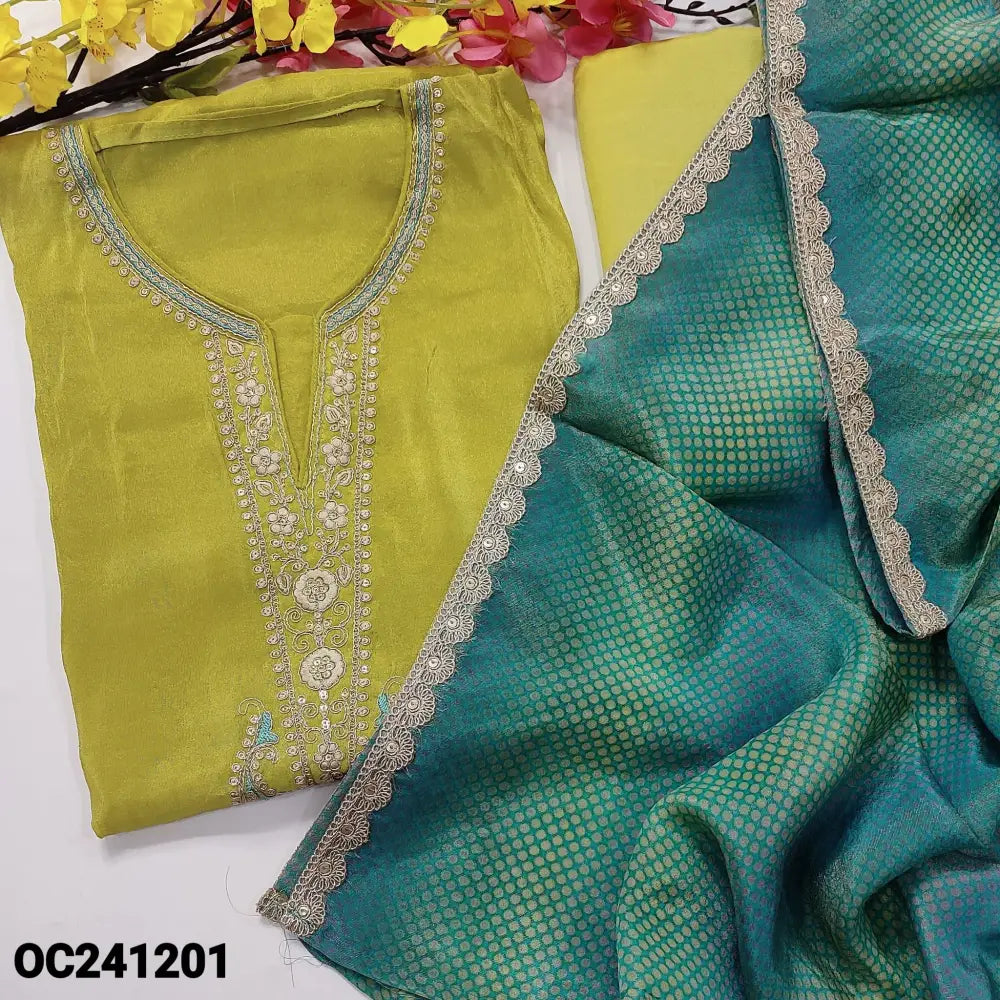 CODE OC241201: Light green with golden tint designer premium tissue organza silk unstitched salwar material thread zari