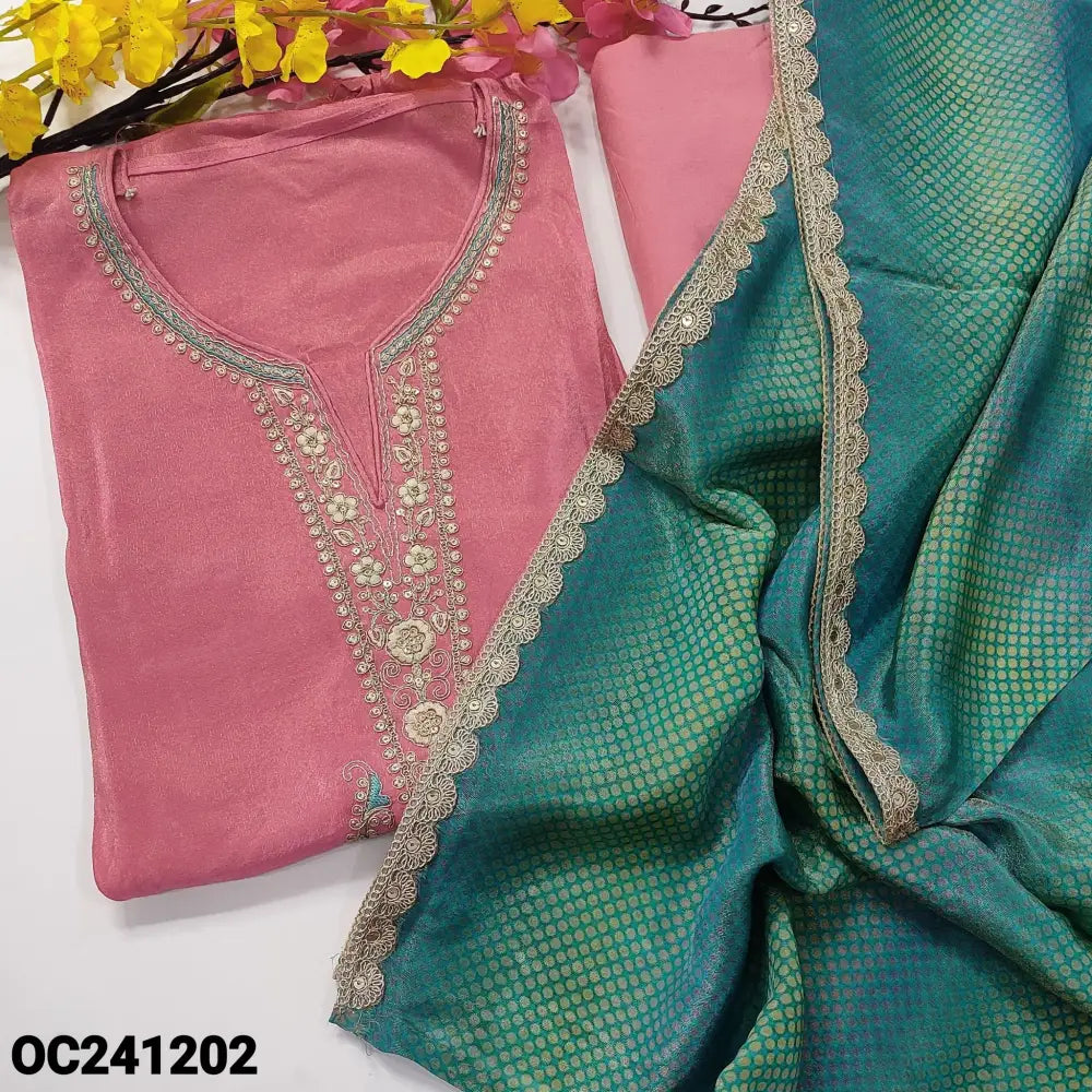 CODE OC241202: Pink with golden tint designer premium tissue organza silk unstitched salwar material thread zari