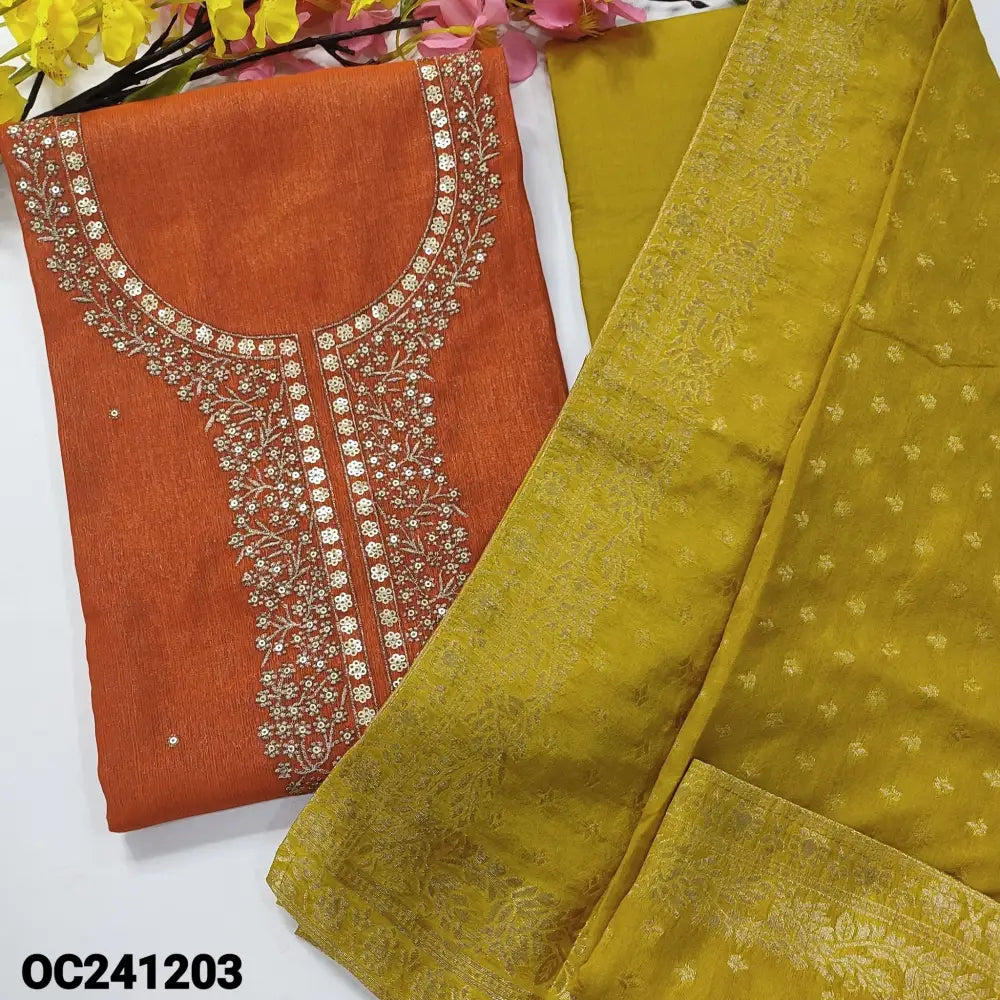 CODE OC241203:Orange with silver tint shimmer spun silk unstitched salwar material zari & sequins work on yoke&