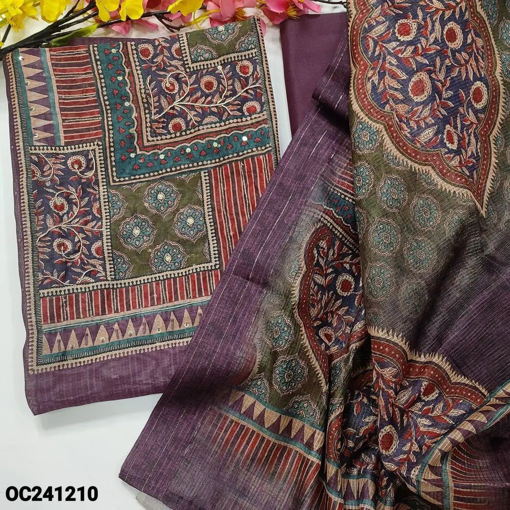 CODE OC241210: Dark beetroot purple digital printed silk cotton unstitched salwar material abstract printed yoke