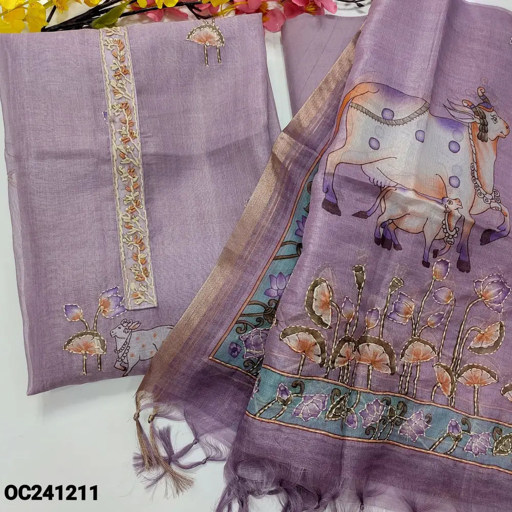 CODE OC241211: Lavender pichwai printed organza unstitched salwar material hand embroidered on yoke(thin fabric lining