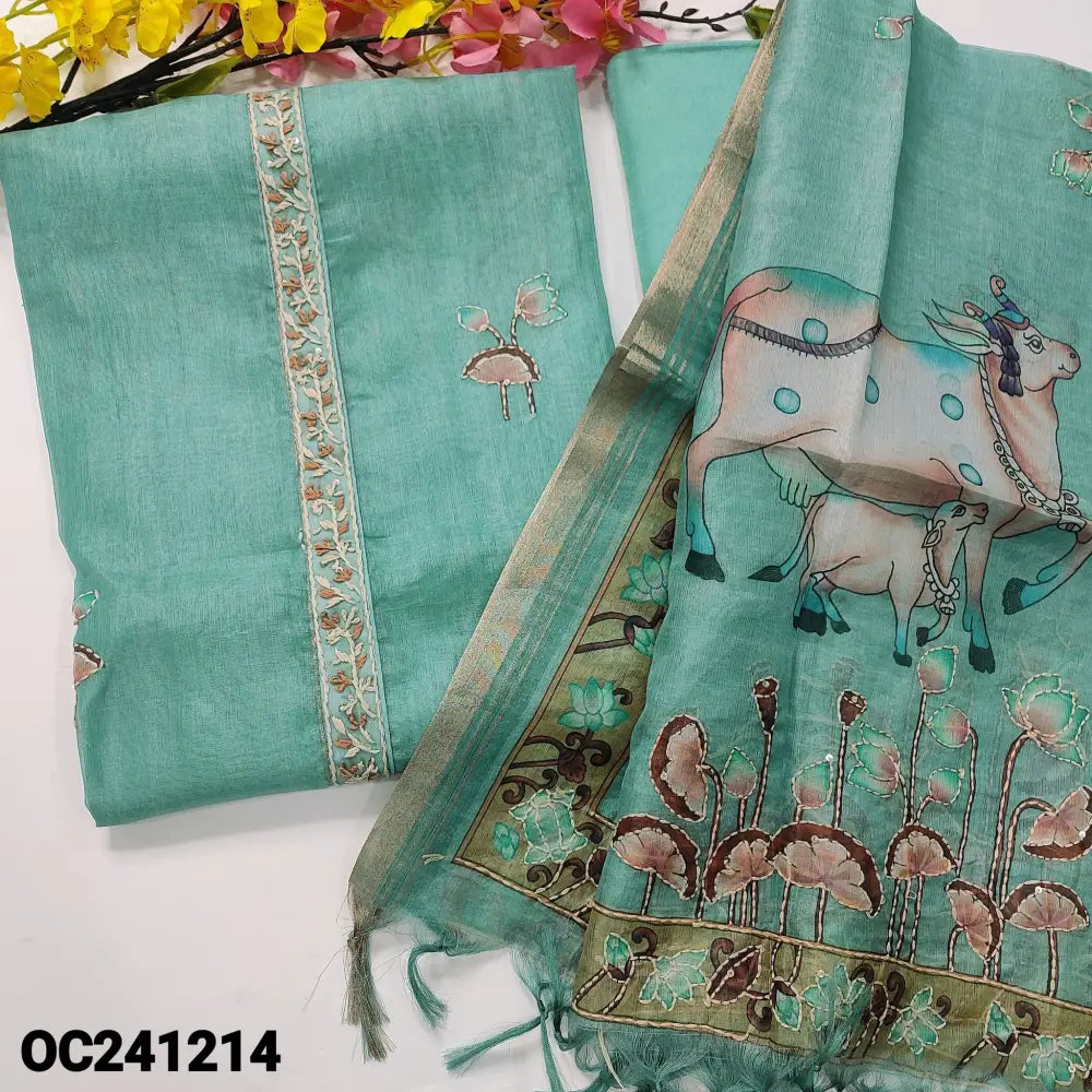 CODE OC241214: Blue pichwai printed organza unstitched salwar material hand embroidered on yoke(thin fabric lining