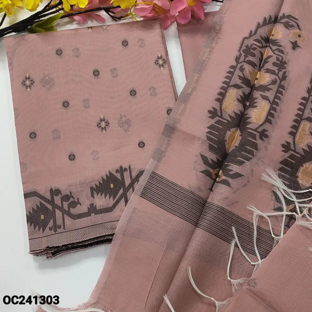 CODE OC241303: Pastel pink jamdani woven silk cotton unstitched salwar material(thin fabric lining needed)matching